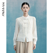 马天奴夏季 女装 米白莱赛尔混纺立领盘扣刺绣衬衫 上衣气质复古时尚