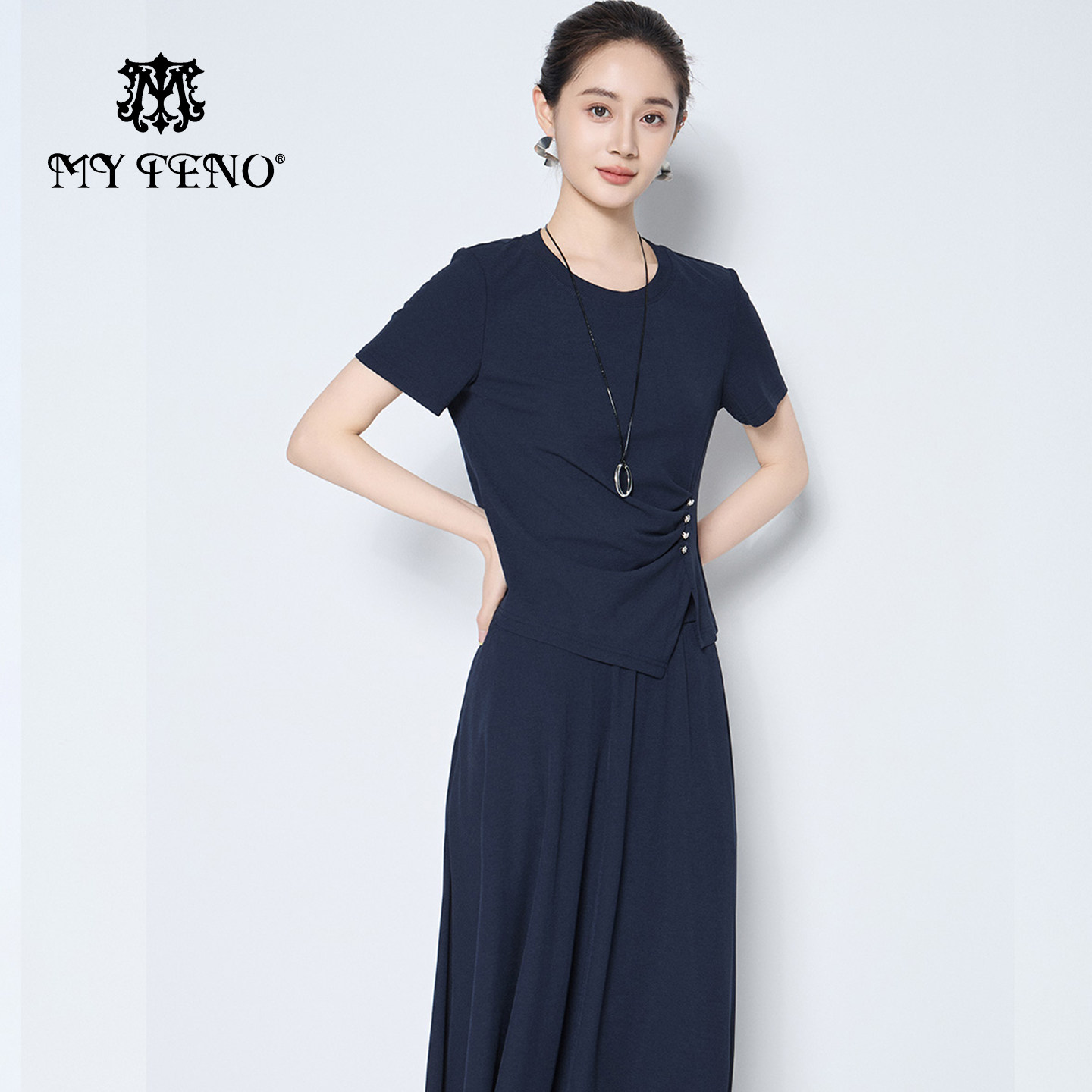 马天奴春夏藏蓝莱赛尔棉圆领短袖T恤上衣半身裙半裙子两件套装女,女装/女士精品,时尚套装,淘宝优惠券,粉丝福利购,淘宝优惠卷