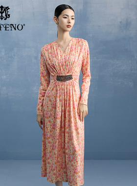 马天奴女春夏新款橙色印花缝钻收腰修身长袖连衣裙子长裙时尚百搭