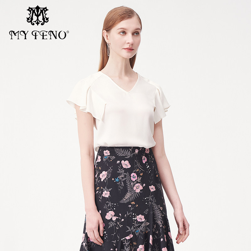 马天奴夏季新款女奶白色V领短袖雪纺上衣飞飞袖短款T恤套头衫时尚