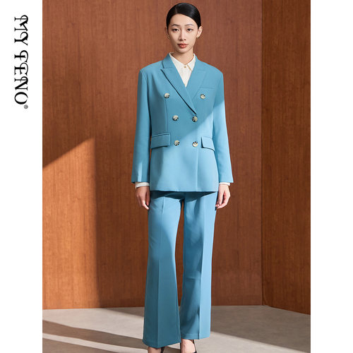 马天奴蓝色双排扣西装西裤套装