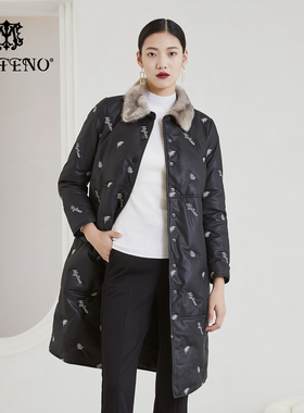 马天奴2025冬季新款黑色水貂毛领绣花再生革皮羽绒服中长保暖时尚