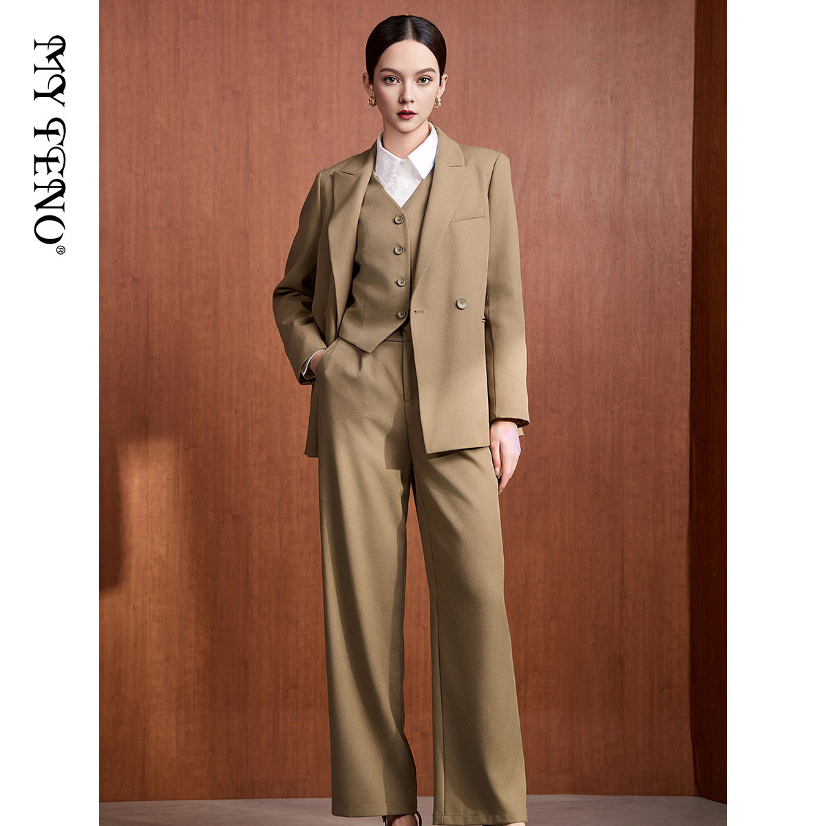 马天奴秋季新款女卡其西装西服外套马甲西裤阔腿裤子三件套装时尚,女装/女士精品,时尚套装,淘宝优惠券,粉丝福利购,淘宝优惠卷