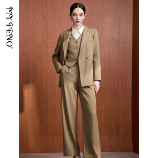 马天奴秋季新款女卡其西装西服外套马甲西裤阔腿裤子三件套装时尚