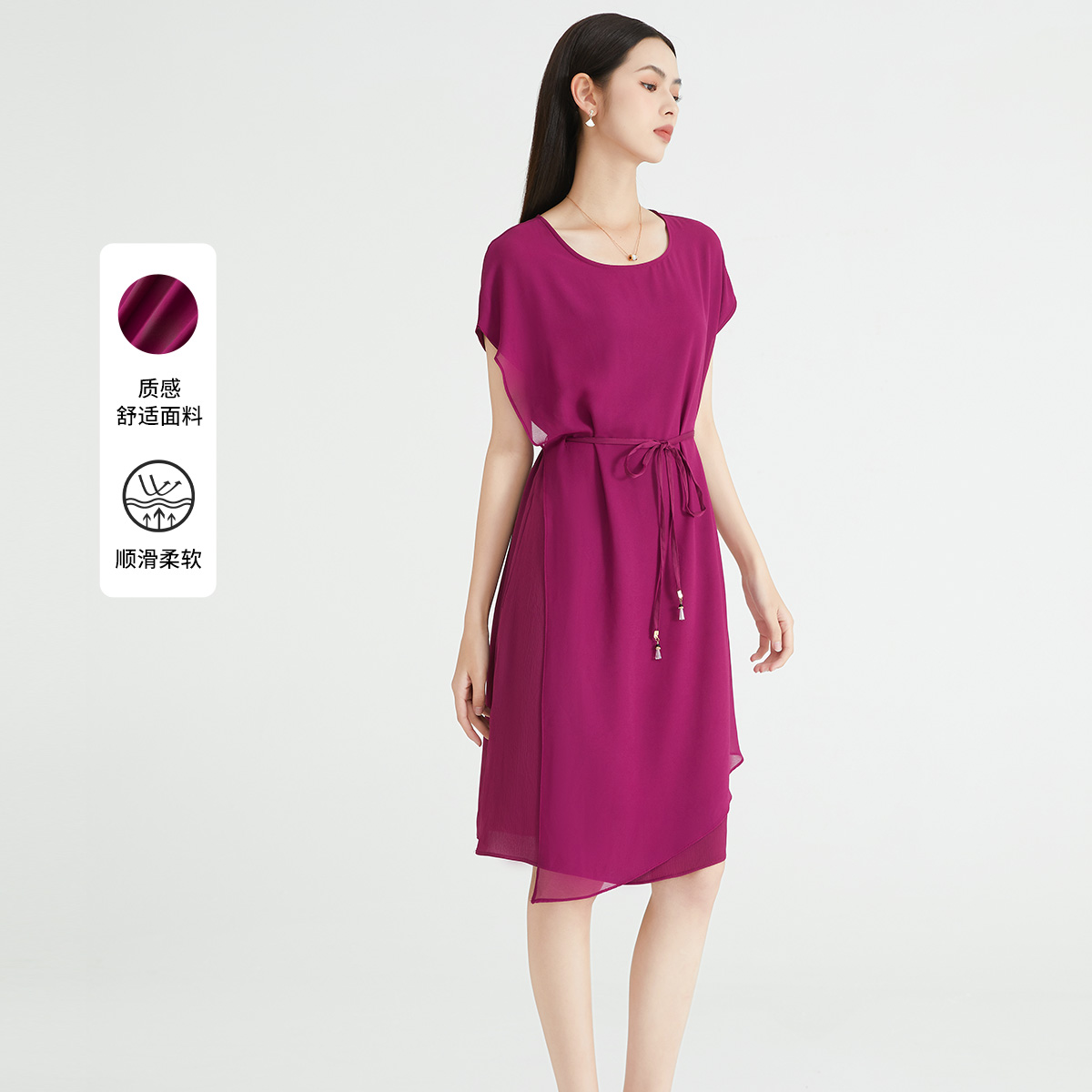 马天奴春夏新款女装纯色圆领短袖雪纺连衣裙子系带收腰气质时尚