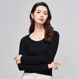 马天奴春夏新款女黑色大圆领竖条针织衫短款修身毛衫上衣小衫气质