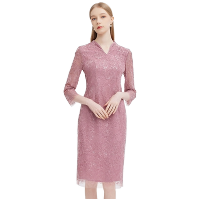 马天奴V领绣花蕾丝连衣裙