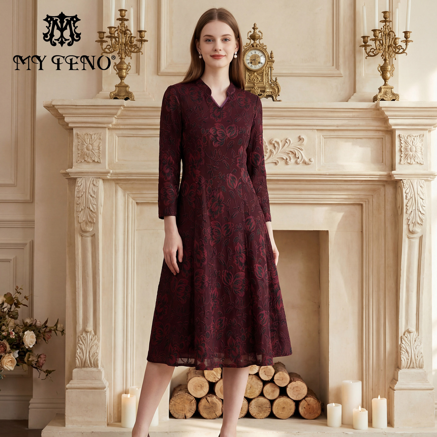 马天奴女装春秋新款提花V型立领钉珠连衣裙子收腰长袖气质复古女