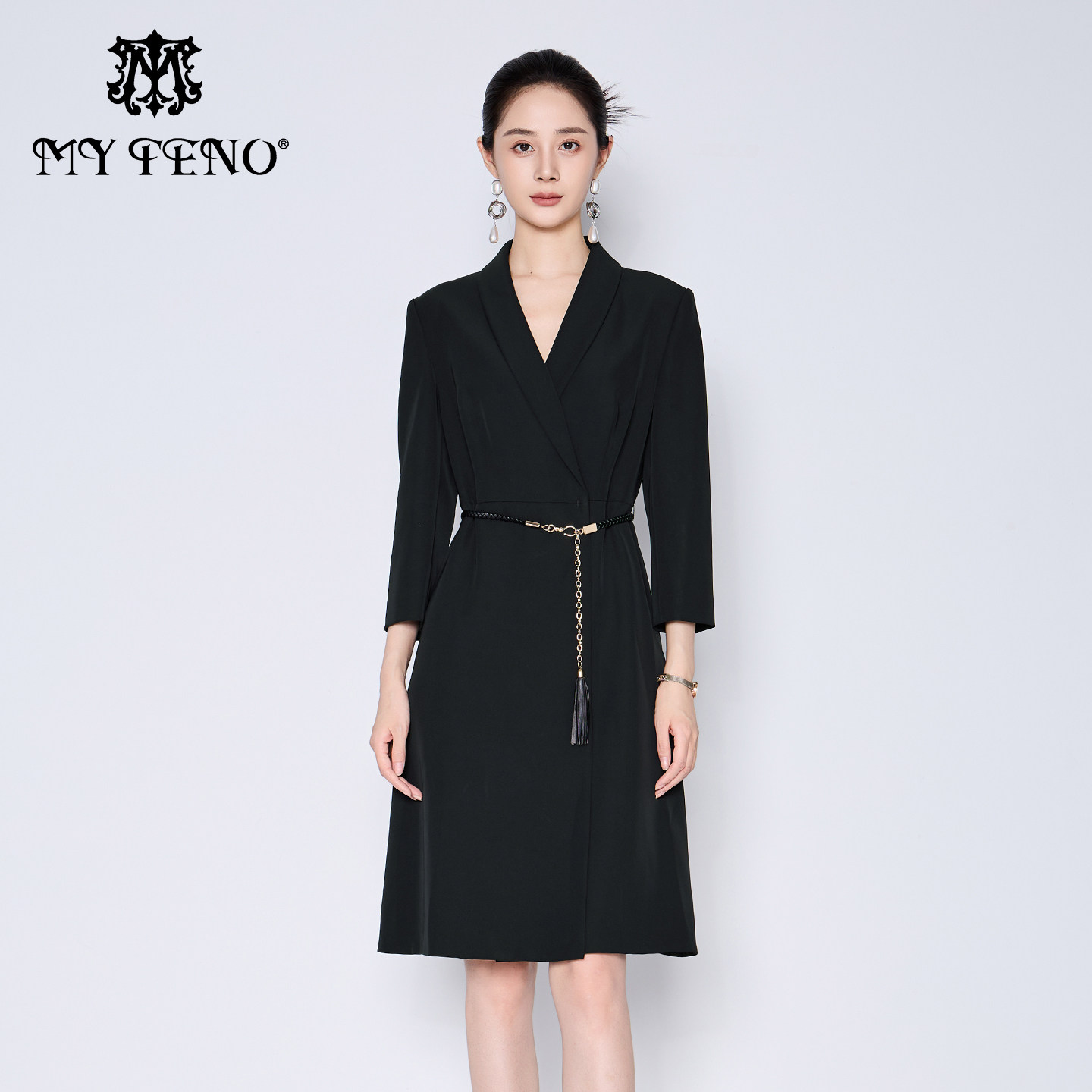 商场同款马天奴2025秋冬新款黑色职业西装裙连衣裙子长袖通勤时尚