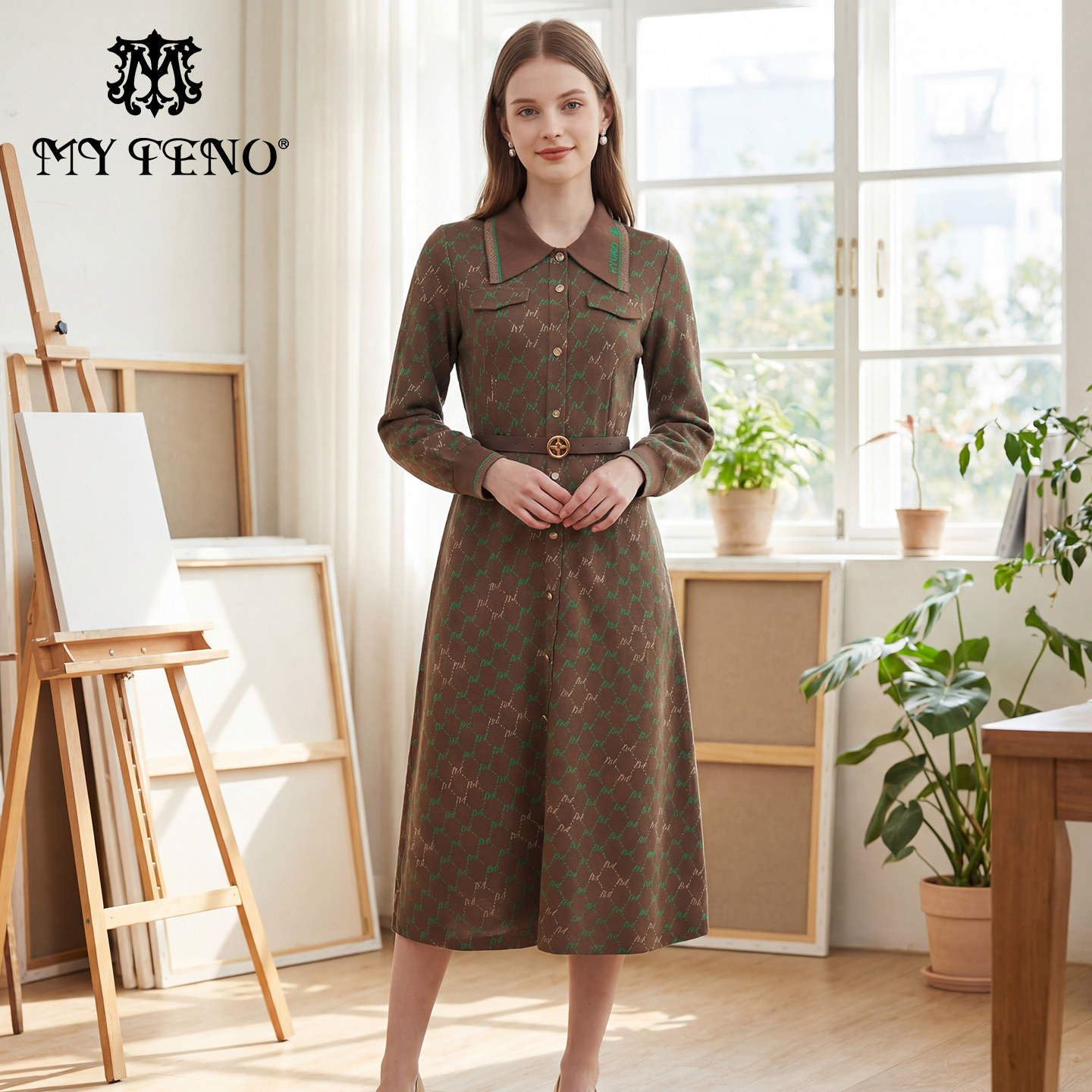 马天奴女装春秋新款咖色翻领长袖收腰提花针织连衣裙子复古老钱风