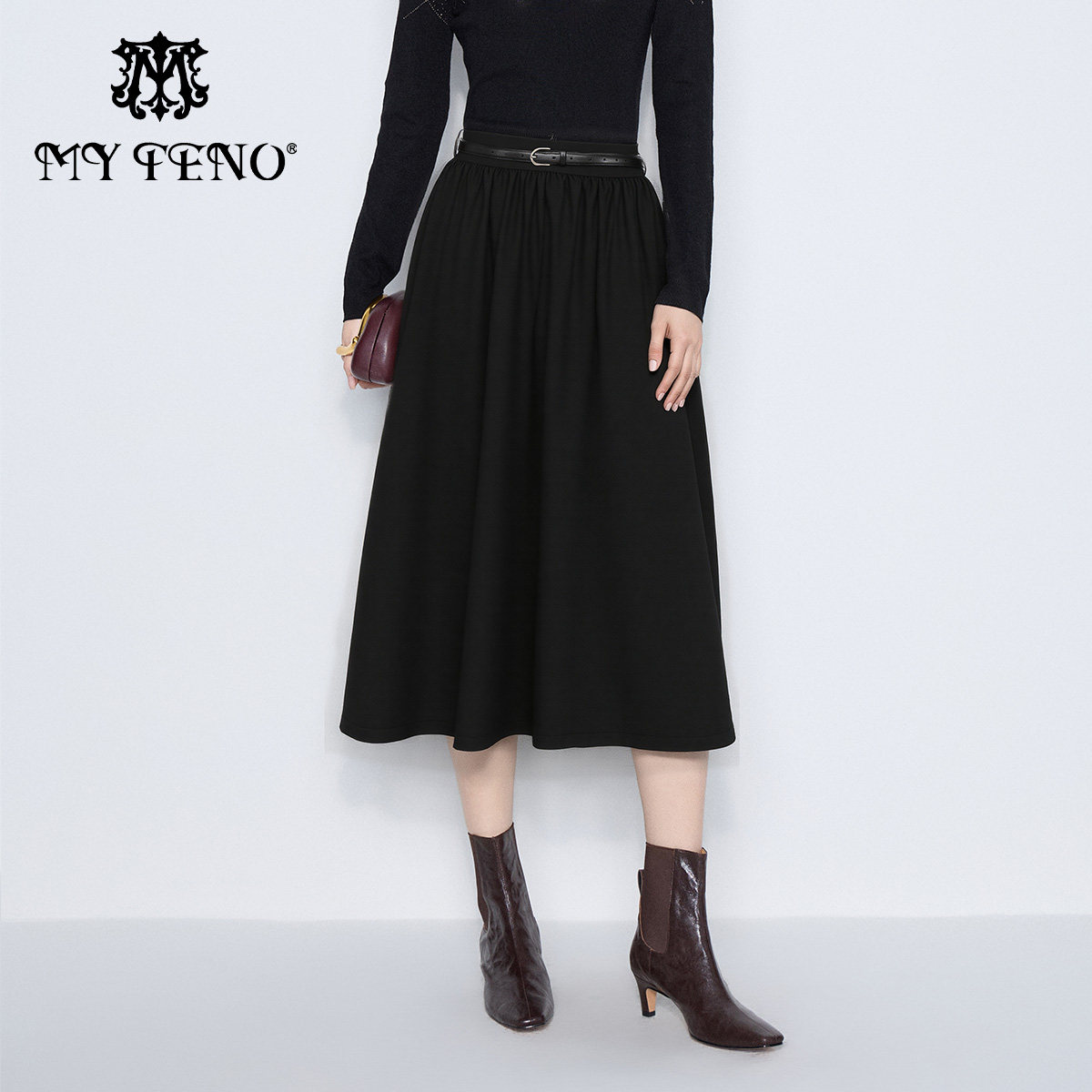 马天奴2025春夏新款黑色高腰半身裙半裙子A摆伞裙皮带时尚百搭女