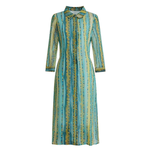 马天奴女装春秋新款蓝色印花衬衫气质连衣裙子宽松长裙休闲松弛感