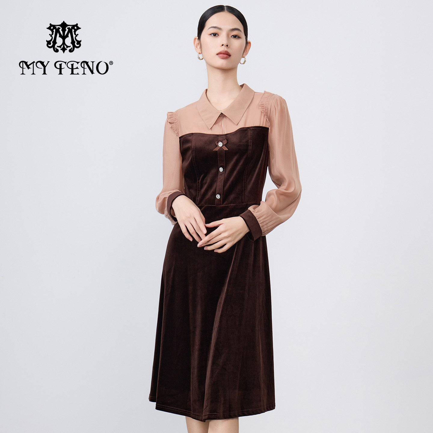 马天奴春夏女咖色拼接翻领长袖收腰连衣裙子花边时尚气质复古优雅