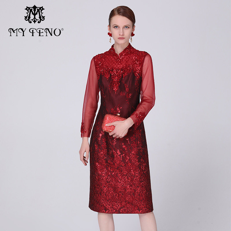 马天奴秋冬新款红色提花连衣裙婚庆旗袍裙喜婆婆礼裙高级气质裙子,女装/女士精品,连衣裙,淘宝优惠券,粉丝福利购,淘宝优惠卷