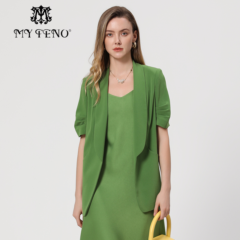 马天奴绿色醋纤混纺青果领西装