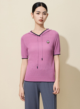 马天奴春夏新款紫色连帽针织衫短袖T恤休闲镂空短款小衫上衣女装