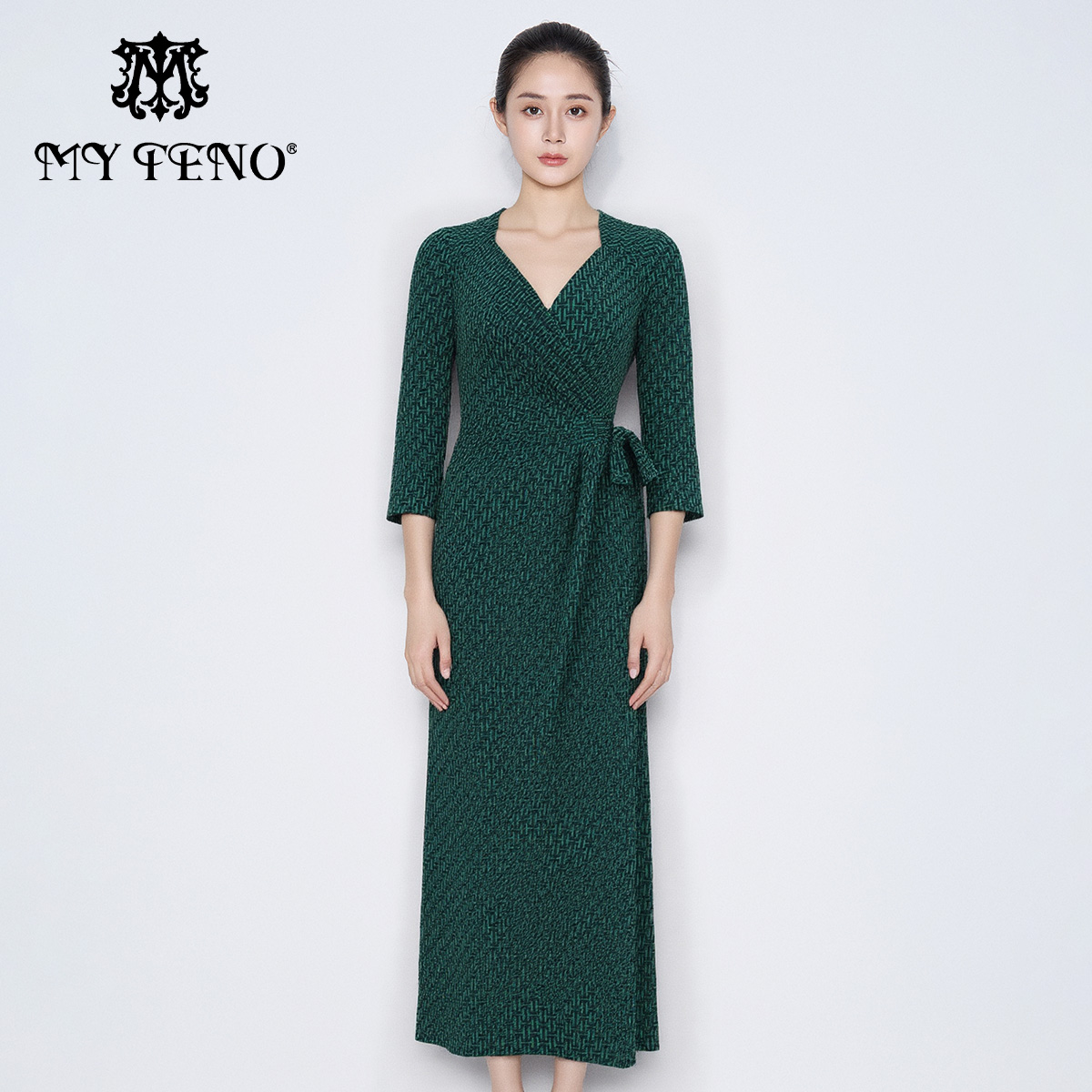 马天奴绿色印花收腰绑带连衣裙