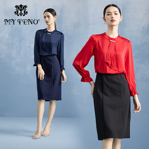 马天奴圆领珍珠拼接长袖连衣裙