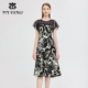 黑色印花桑蚕丝连衣裙子短袖 马天奴女装 夏季 长裙气质淑女流行