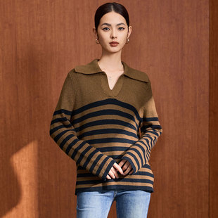 马天奴春夏新款咖色条纹翻领针织衫长袖毛衫上衣气质时尚百搭女装