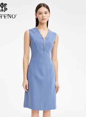马天奴蓝色V领三醋酸无袖连衣裙修身裙子时尚秋MRS127DRB0