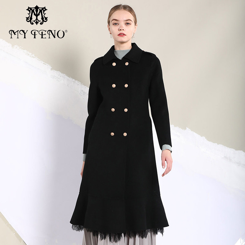 马天奴新款100%绵羊毛秋冬新品黑色双排扣毛呢大衣外套蕾丝边女装