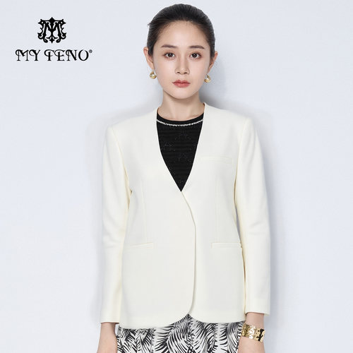马天奴白色修身V领西装外套