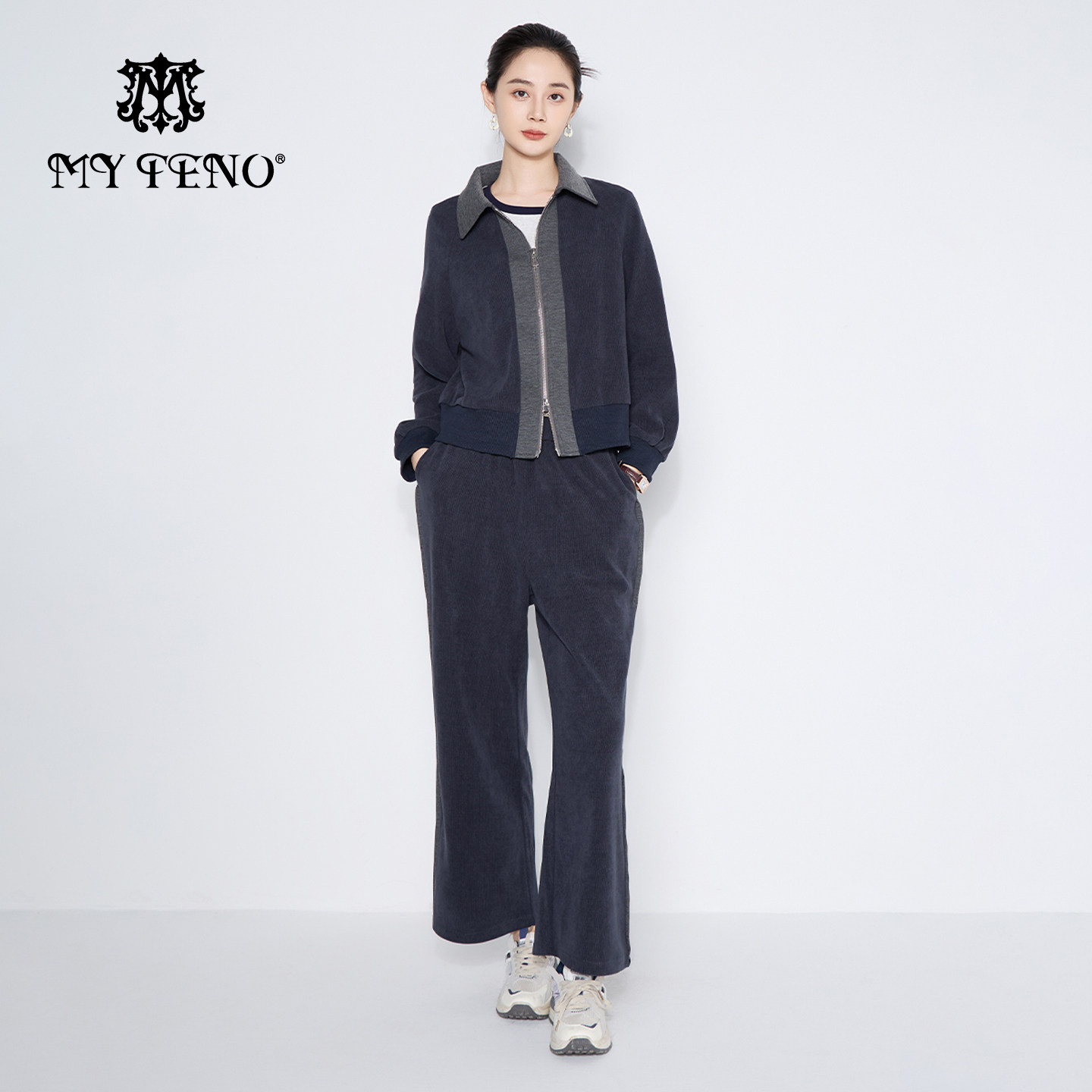 马天奴2025秋冬新款灰色翻领拉链外套休闲裤子长裤两件套装时尚女