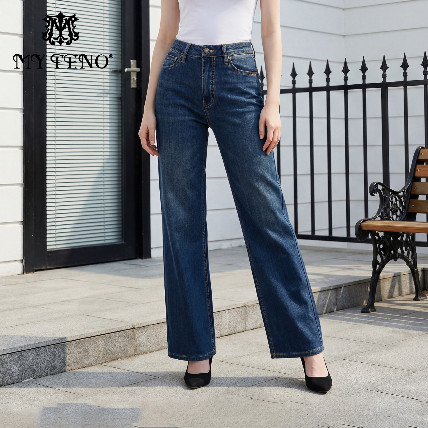 马天奴2025秋冬新款深蓝色棉质高腰宽松直筒阔腿牛仔裤子长裤时尚
