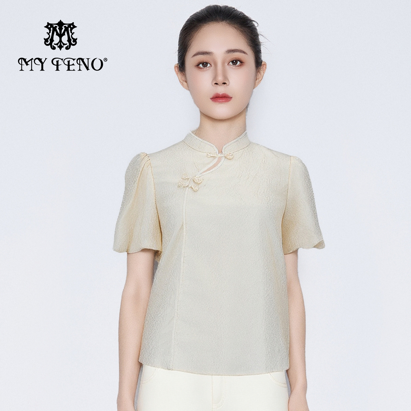 马天奴新中式米色提花立领上衣