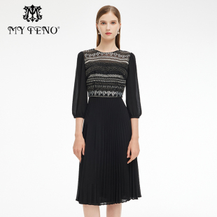 专柜正品 连衣裙压褶中长裙子礼裙 马天奴秋冬秋冬黑色钉珠收腰时尚