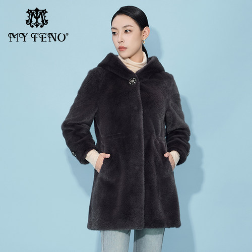 马天奴连帽收腰金貂绒外套