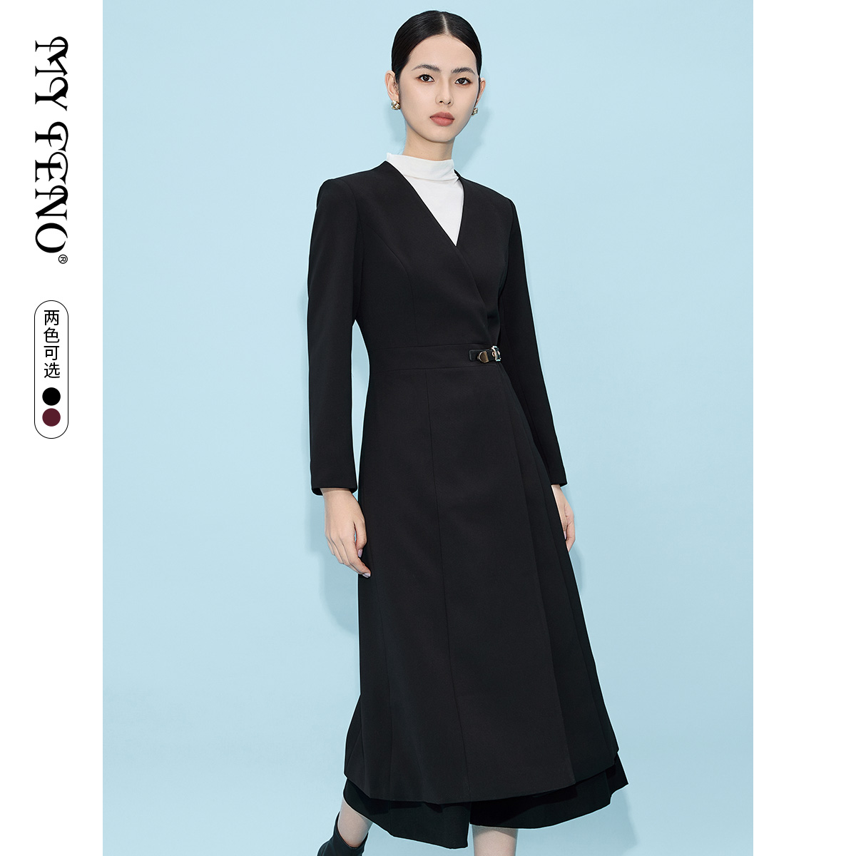 马天奴2025春夏新款黑色V领连衣裙子风衣裙收腰长袖时尚气质女装
