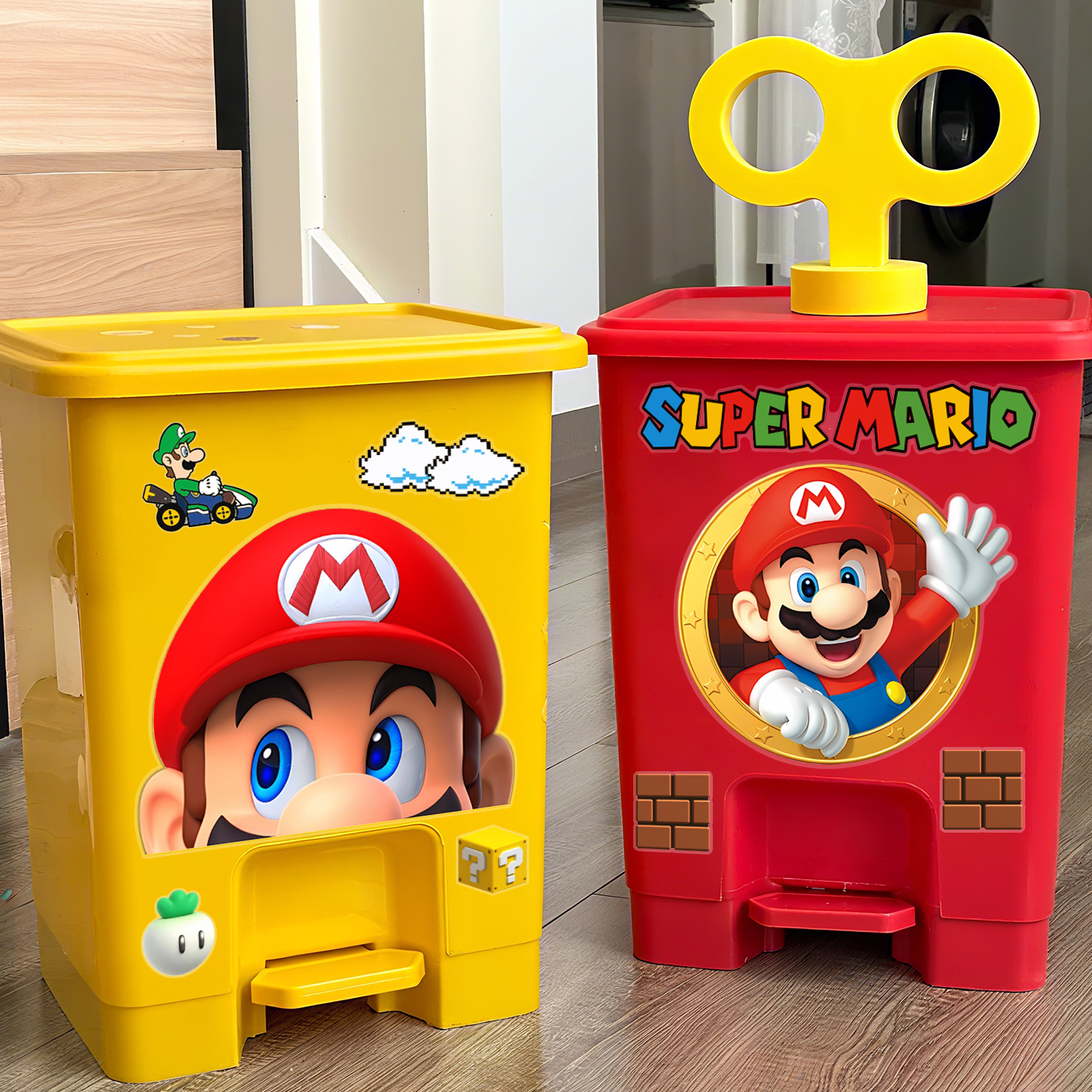 马里奥透明胶贴高颜值收纳桶脚踏式客厅创意垃圾桶装饰遮丑贴纸