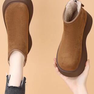 品牌正品雪地靴女冬季加绒2025款翻毛皮短靴松糕厚底增高勃肯棉鞋