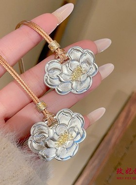 描金牡丹花纯银项链女时尚轻奢