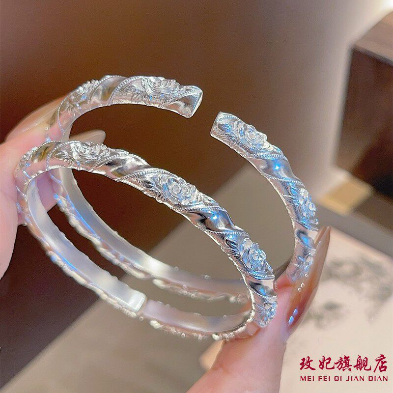 扭带玫瑰花纯银手镯女简约百搭