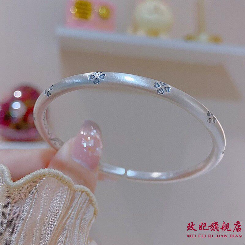 玫妃足银9999复古四叶草实心开口纯银手镯女简约百搭时尚轻奢手环