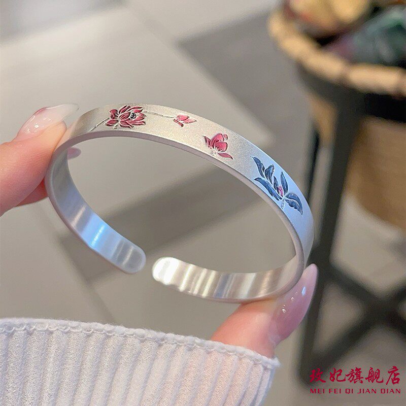 玫妃足银9999古法花朵莲花樱花双鱼开口纯银手镯送妈妈生日礼物