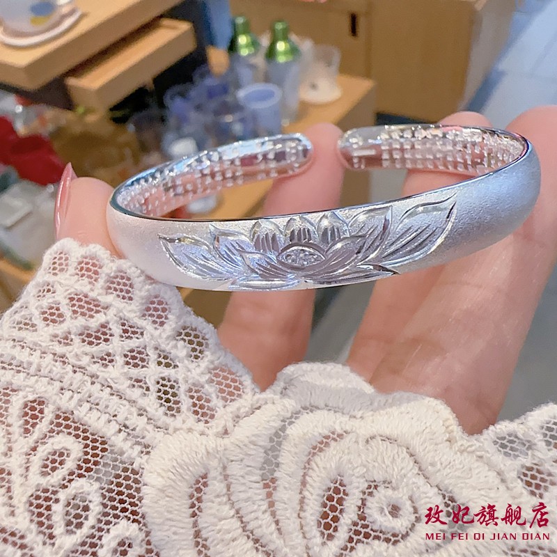 玫妃足银9999莲花心经开口实心纯银手镯送妈妈奶奶长辈生日礼物