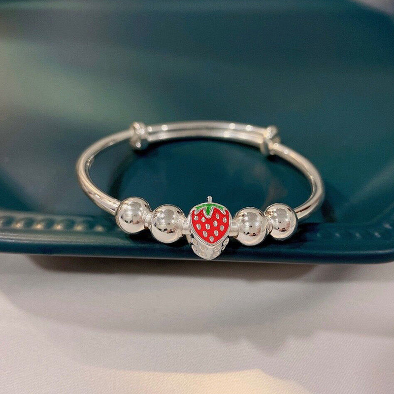 正生草莓珠珠纯银实心手镯足银9999女宝新生婴儿小孩学生中童银镯