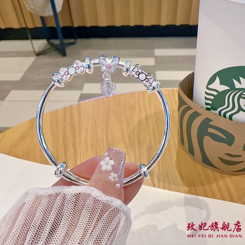 双蝴蝶结珐琅纯银手镯女可爱时尚