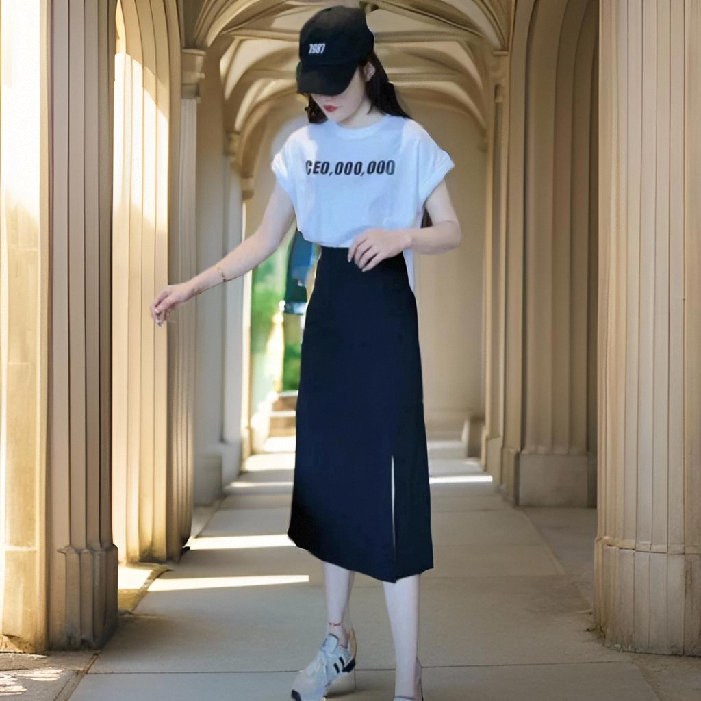 黑色半身裙女夏季套装2025新款高腰显瘦侧开叉包臀半身长裙两件套