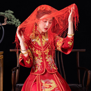红盖头新娘红色头纱中式秀禾汉服古风半透明蕾丝结婚红纱喜庆婚庆