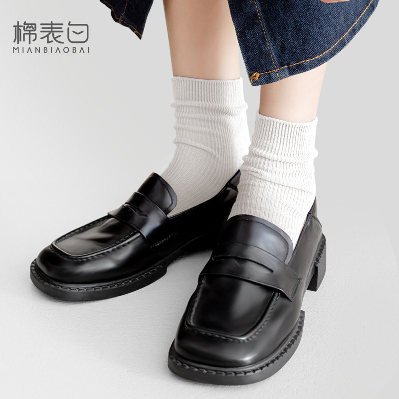 黑白色堆堆袜女秋季短款中筒纯棉春秋款短袜ins潮棉袜乐福鞋袜子