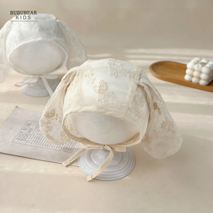 婴儿帽子夏季薄款透气可爱护耳帽女宝宝夏天蕾丝公主包头帽婴幼儿