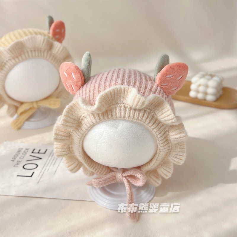 婴儿帽子冬季加厚保暖毛线帽女宝宝冬天可爱公主护耳帽小月龄胎帽