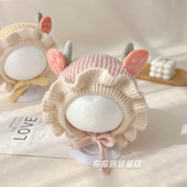 婴儿帽子冬季 加厚保暖毛线帽女宝宝冬天可爱公主护耳帽小月龄胎帽