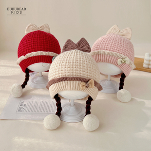女宝宝帽子冬季可爱公主假发辫子帽婴儿冬天保暖毛线帽女童针织帽