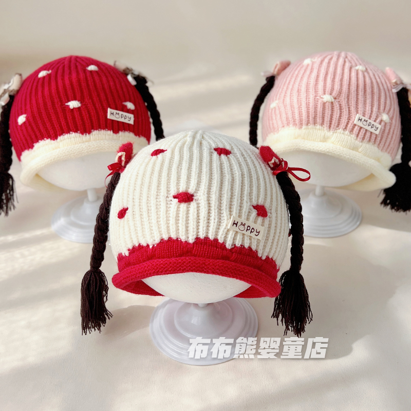 女宝宝秋冬季可爱辫子帽